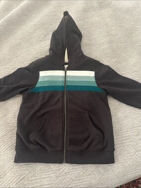 Hannah Anderson Black Zip Hoodie with White, Light Teal and Teal Stripes